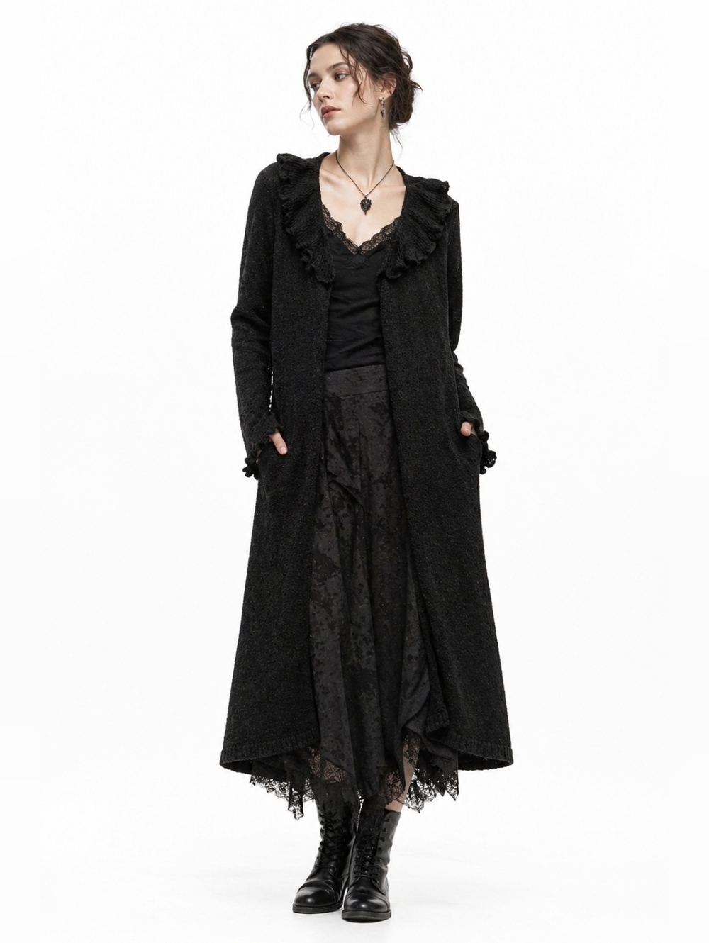 Whimsigoth Black 90s Duster Ruffle Long Cardigan April Cornell Small
